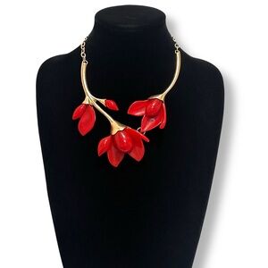 Artisan Red Jade & Brushed Gold Magnolia Flower Luxury Collar Necklace | NWT